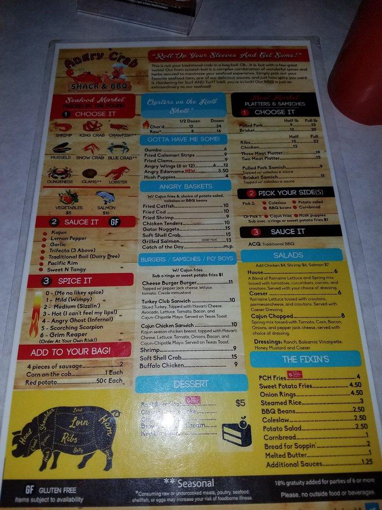 Menu at Angry Crab Shack & BBQ, Tucson