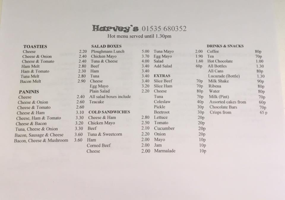 Menu at Harveys cafe, Keighley