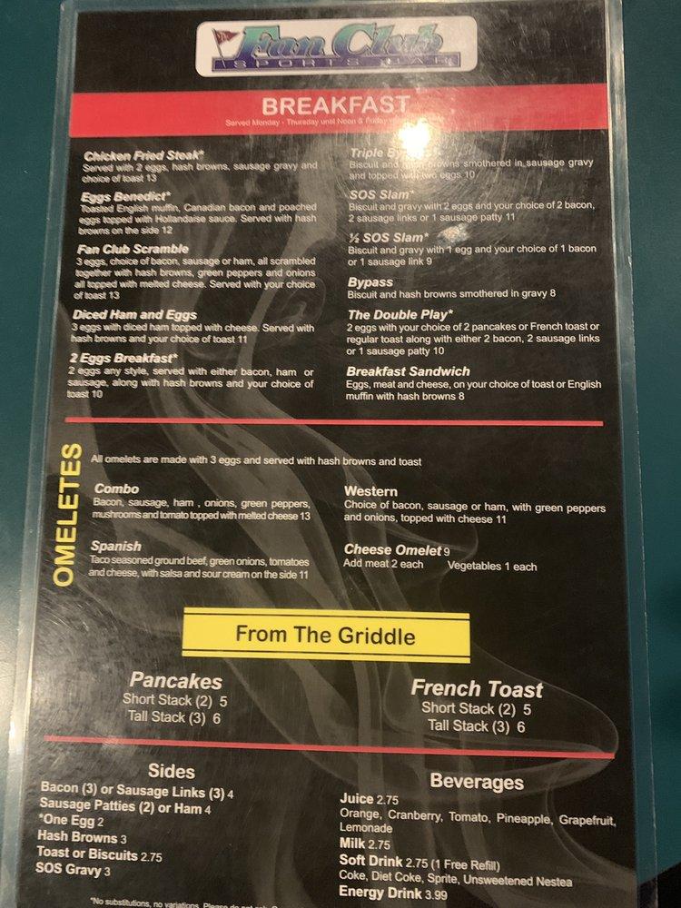 Menu at Fan Club, Lakewood