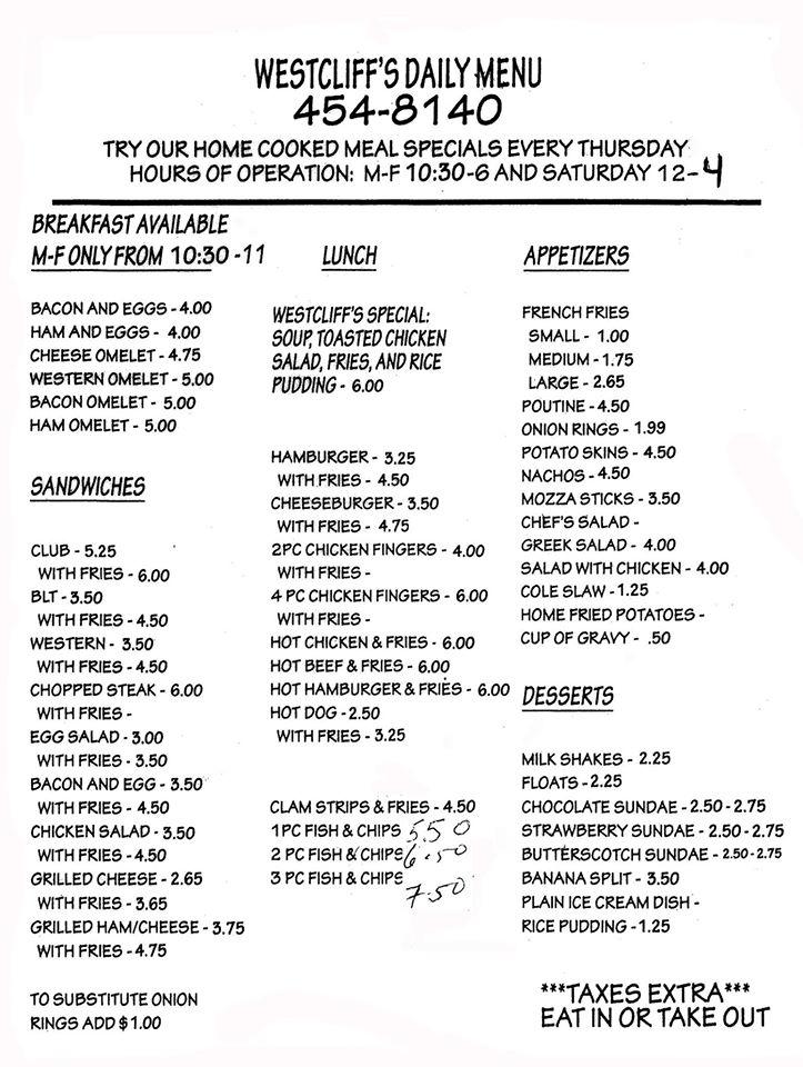 Menu at Westcliff Restaurant, Halifax