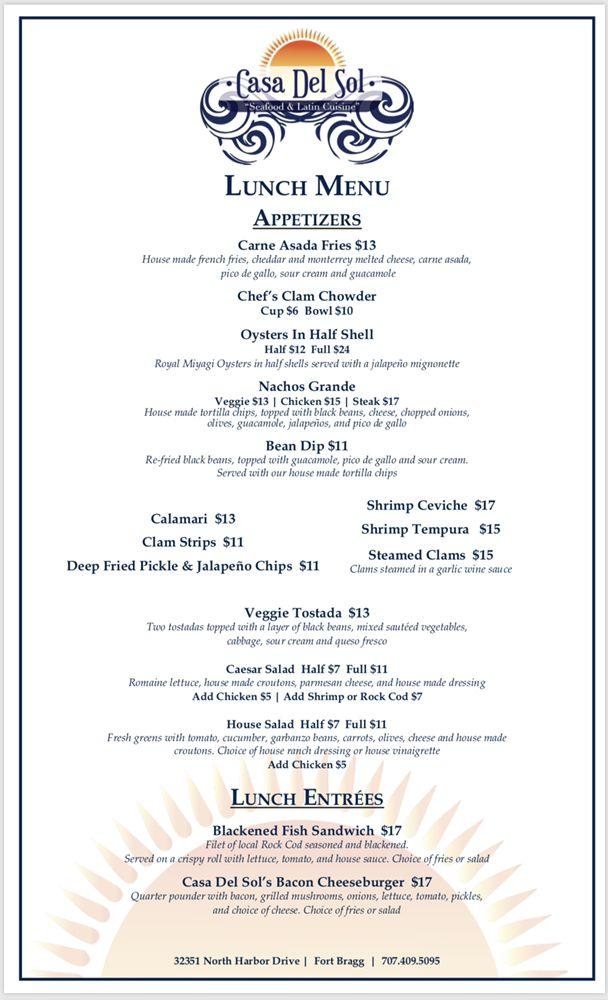 Menu at Casa Del Sol restaurant, Fort Bragg