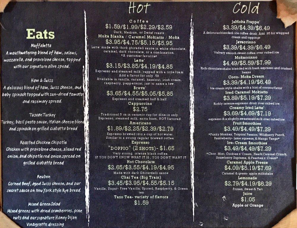 Menu at Jamoka's Coffee Company restaurant, Guntersville