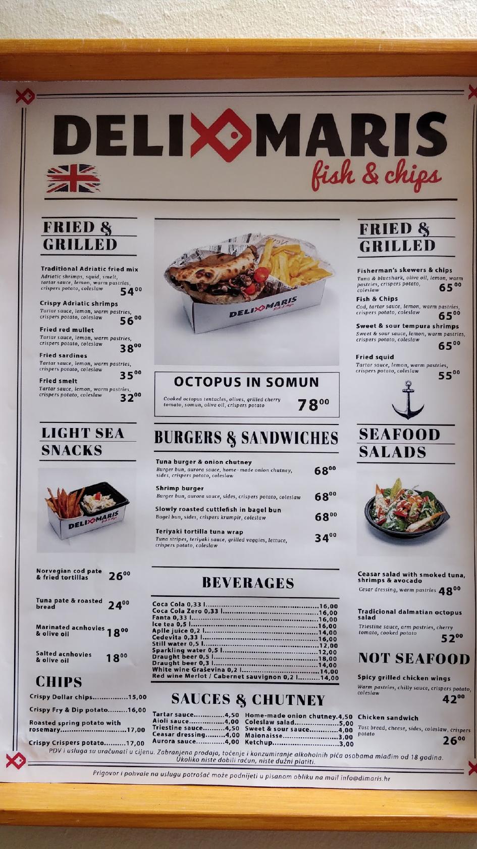 Menu at DELIMARIS Fish&Chips restaurant, Zadar