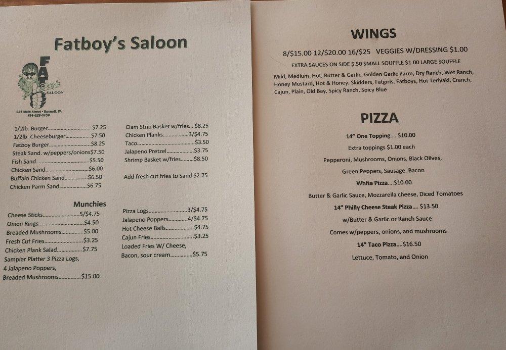 Menu at FatBoy's Saloon pub & bar, Boswell