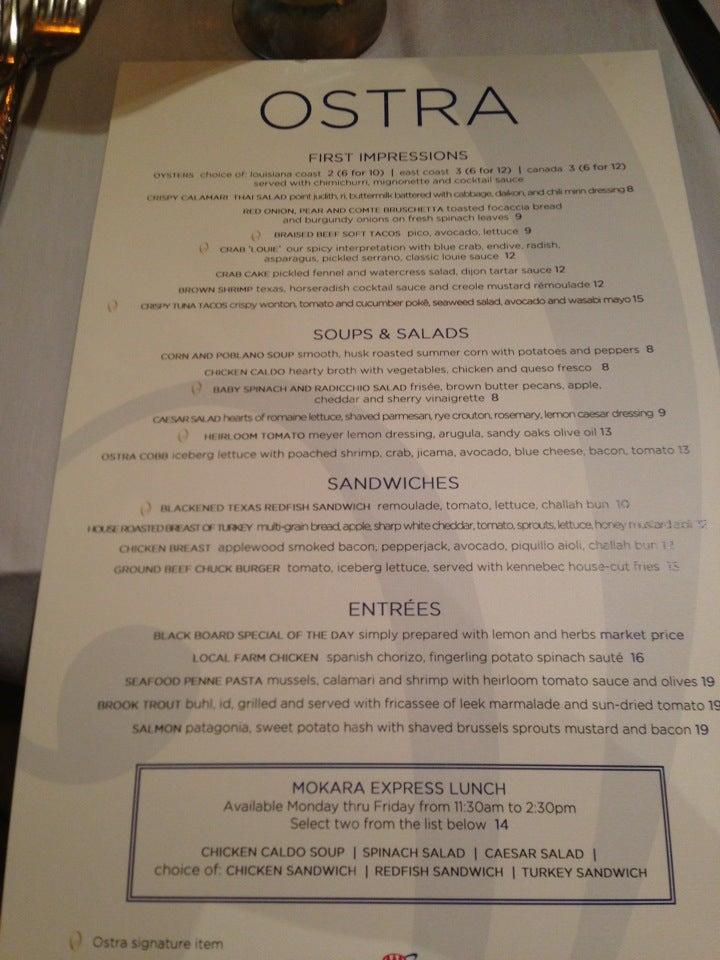 Menu at Ostra Restaurant, San Antonio