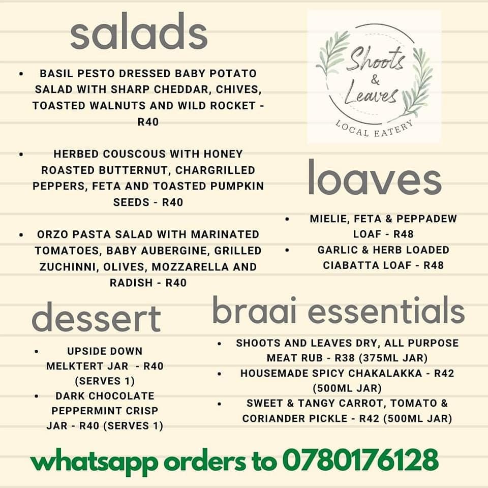 Menu at Shoots and Leaves cafe, Umhlanga