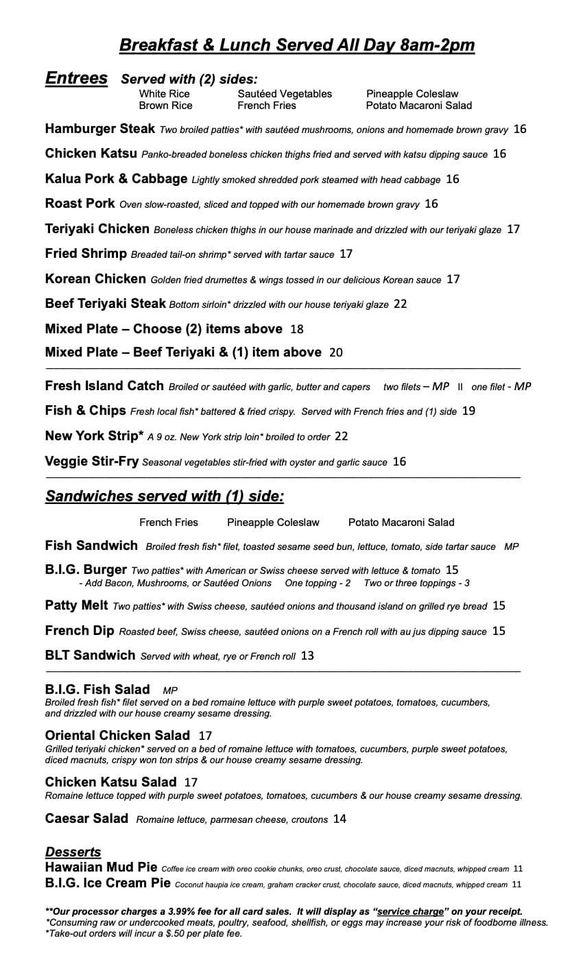 Menu at Big Island Grill desserts, KailuaKona