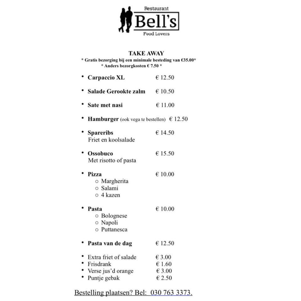 Menu at Restaurant Bell’s, Zeist