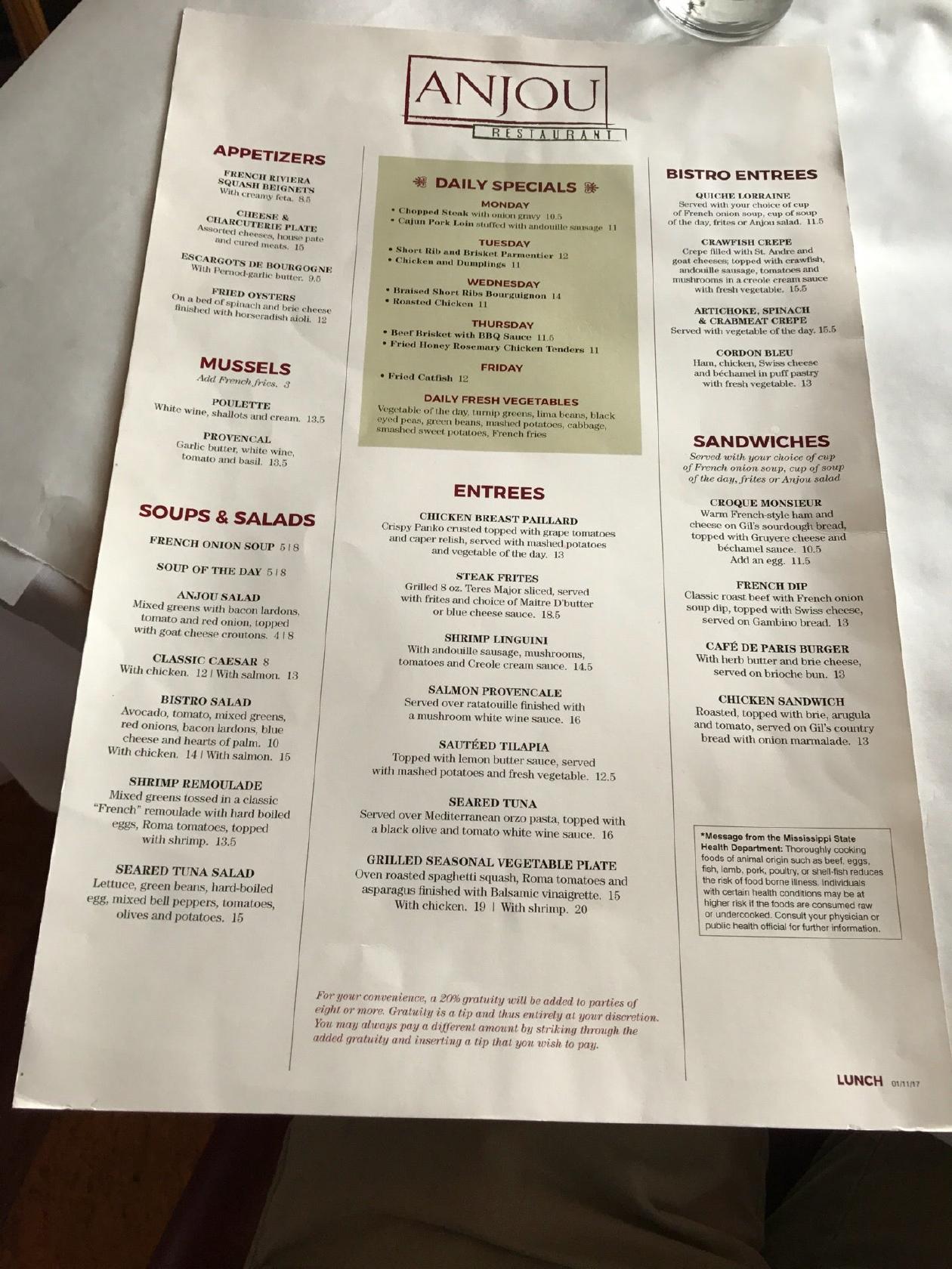 Menu at Anjou Restaurant, Ridgeland