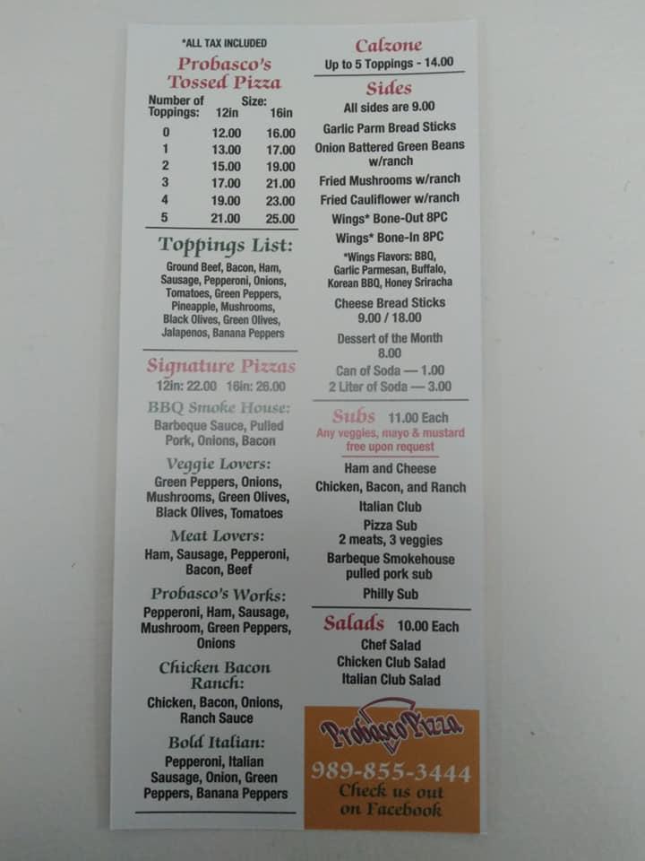 Menu at Probasco Pizza pizzeria, Muir