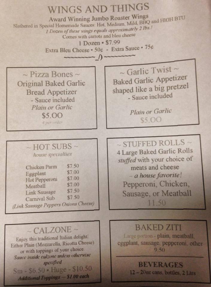 Menu at Jimmy's Place pizzeria, Duanesburg