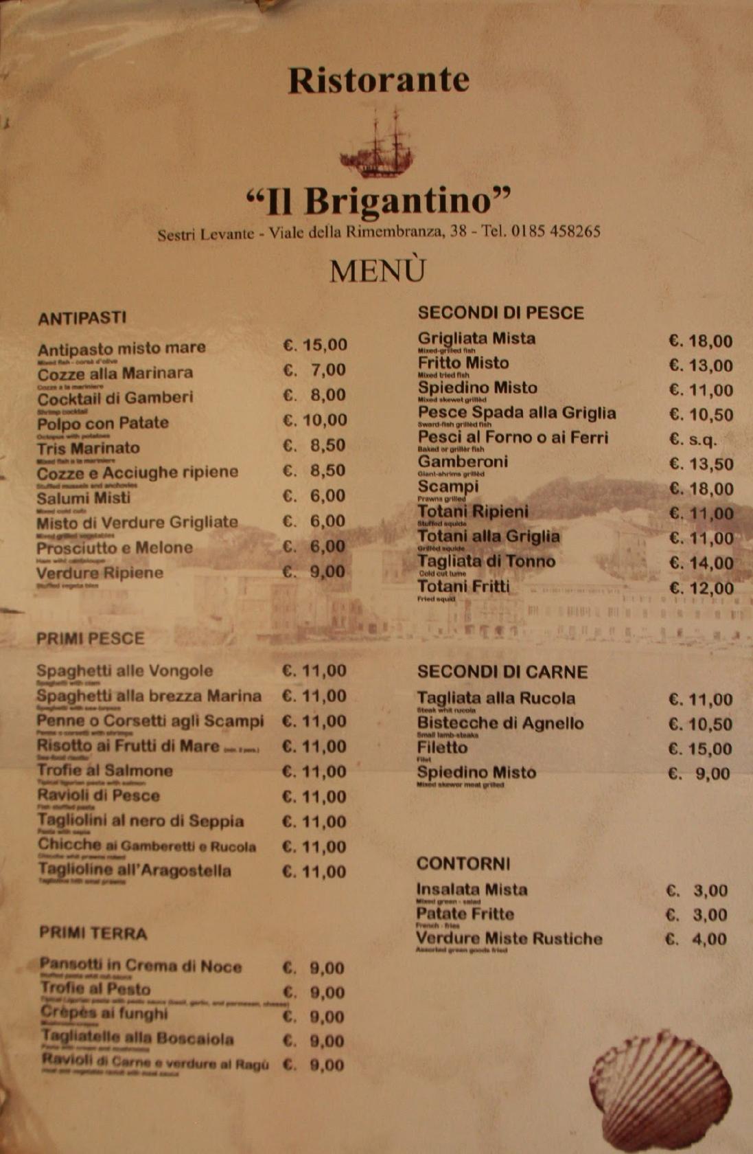 Speisekarte Von Brigantino Restaurant Sestri Levante