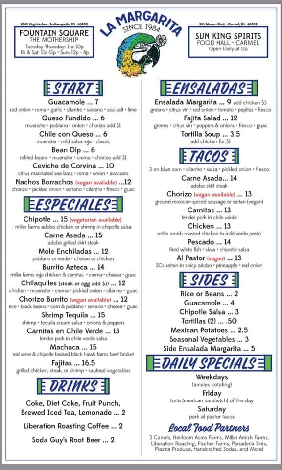 Menu at La Margarita Restaurant & Tequila Bar, Indianapolis
