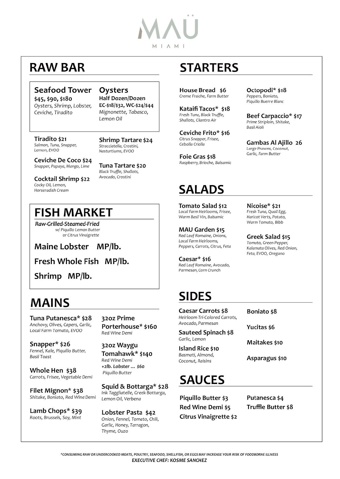 Carta del pub y bar ΜAU MIAMI, Miami