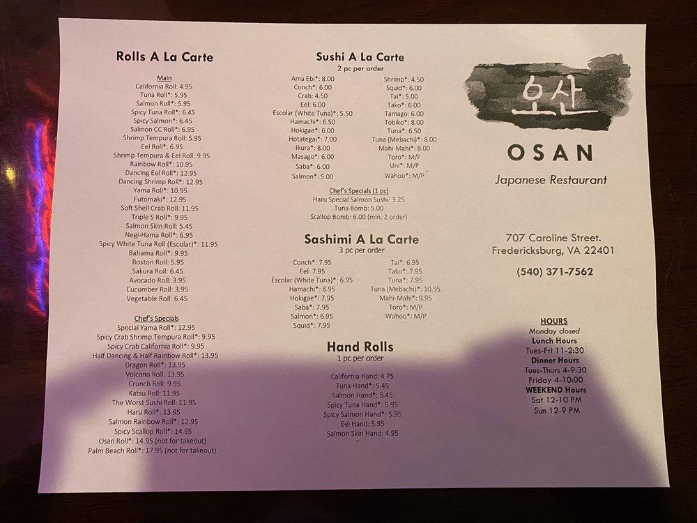 Menu at Osan Japanese Restaurant, Fredericksburg