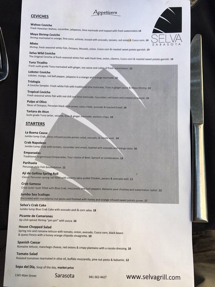 Menu at Selva Downtown Sarasota restaurant, Sarasota