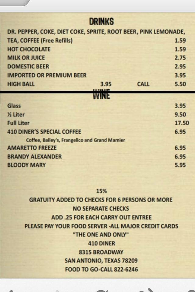 Menu at 410 Diner restaurant, San Antonio