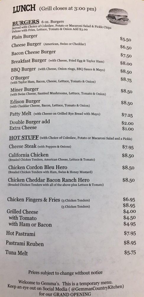 Menu at Gemma’s Country Kitchen restaurant, Ogdensburg