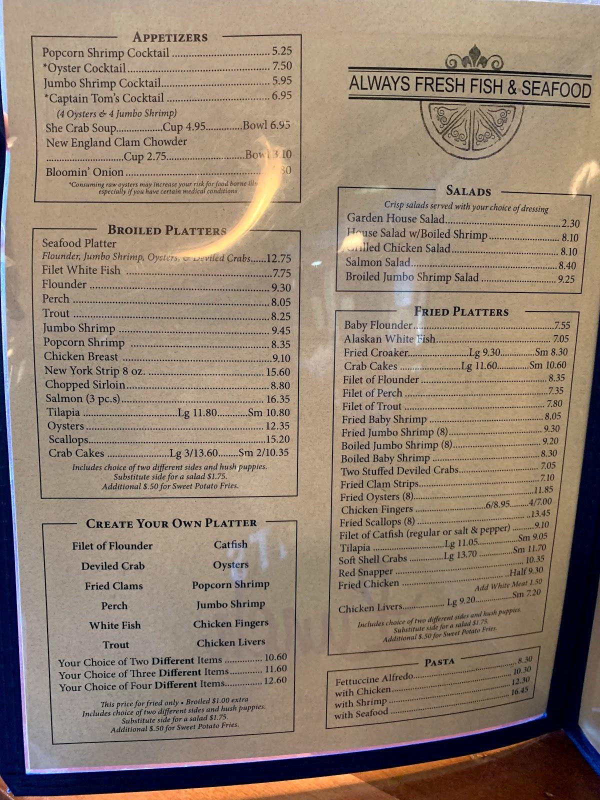 Menu at Captain Tom's Seafood restaurant, Colonial Heights