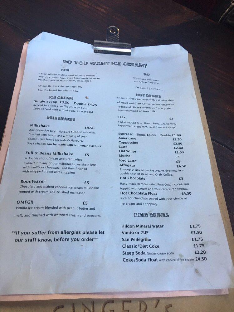 Menu at Ginger's Comfort Emporium desserts, Manchester