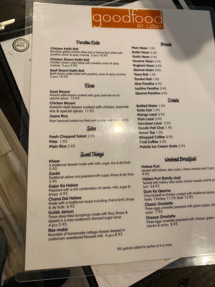 Menu at Good Food By Uzma restaurant, North Brunswick Township