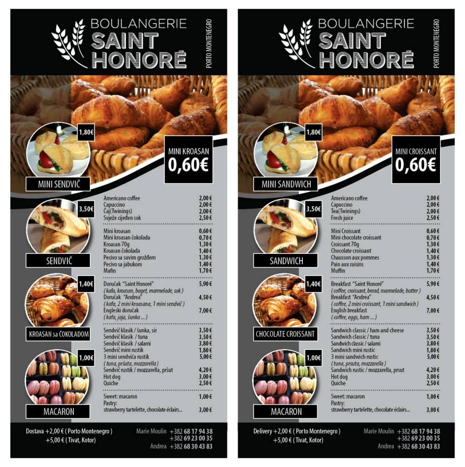 Carta del restaurante Boulangerie St Honore, Tivat