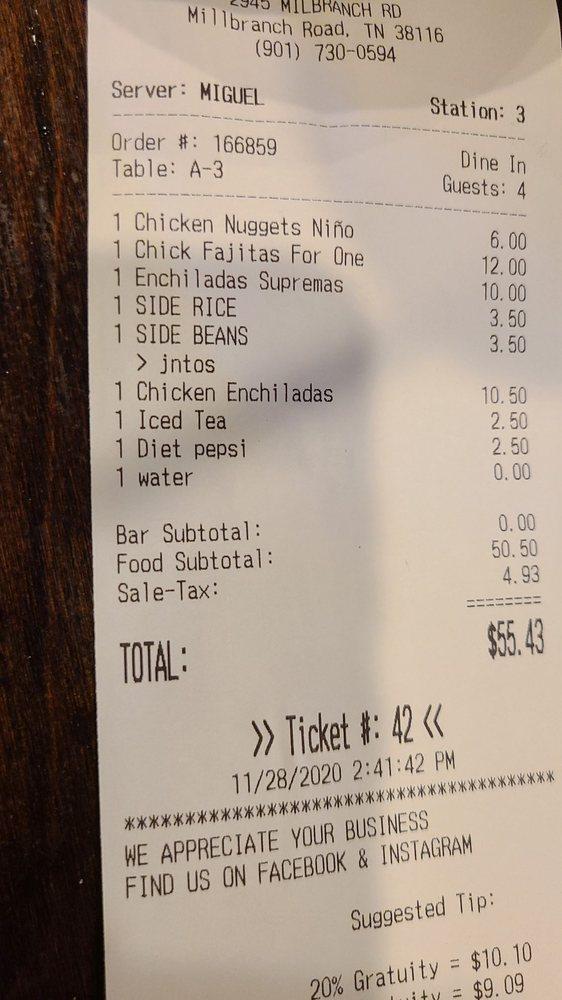 Menu at Cocina Mexicana Bar & Grill Millbranch Rd, Memphis