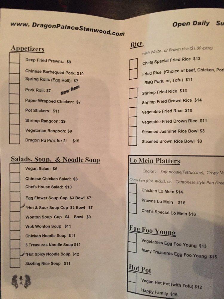 Menu at Dragon Palace restaurant, Stanwood