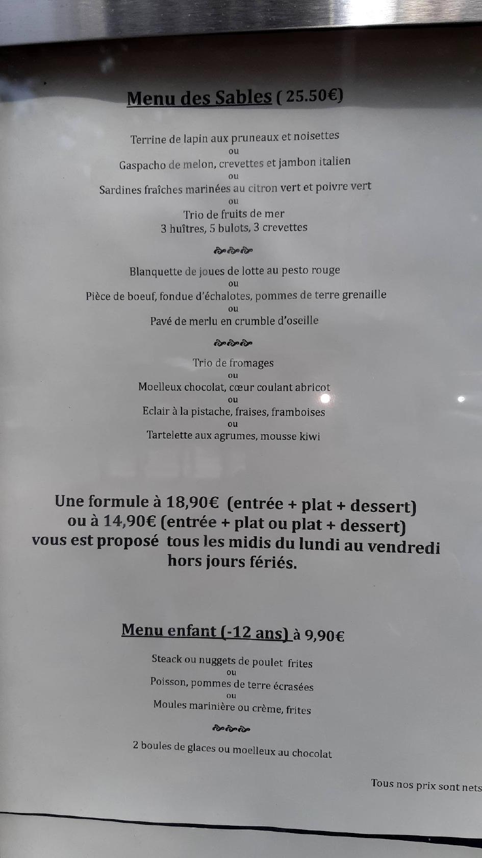 Menu au La Potinière Sables D'or les Pins restaurant, Fréhel