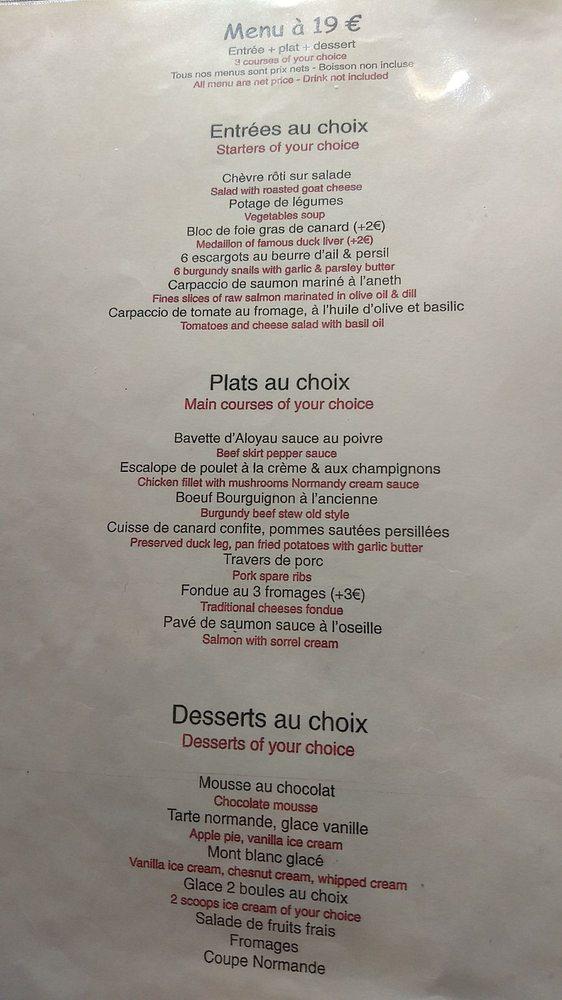 Menu at Le Volcan restaurant, Paris