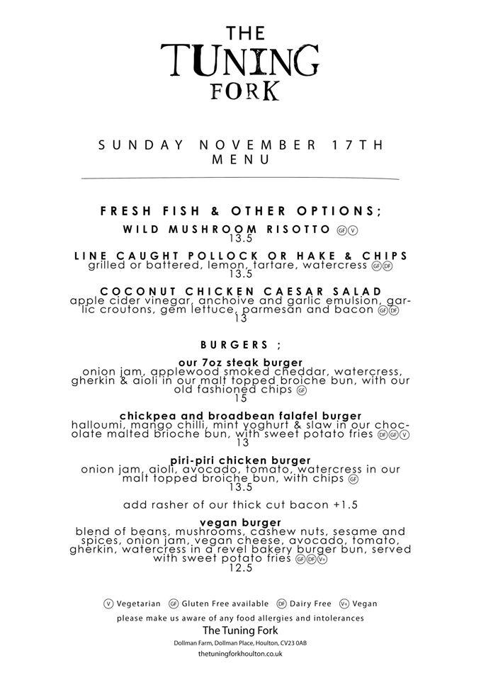 Menu at The Tuning Fork restaurant, Rugby