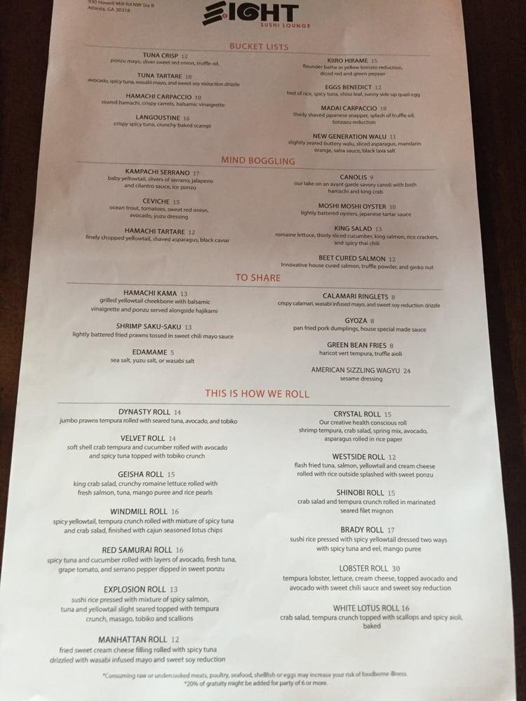 Menu at Eight Sushi Lounge restaurant, Atlanta