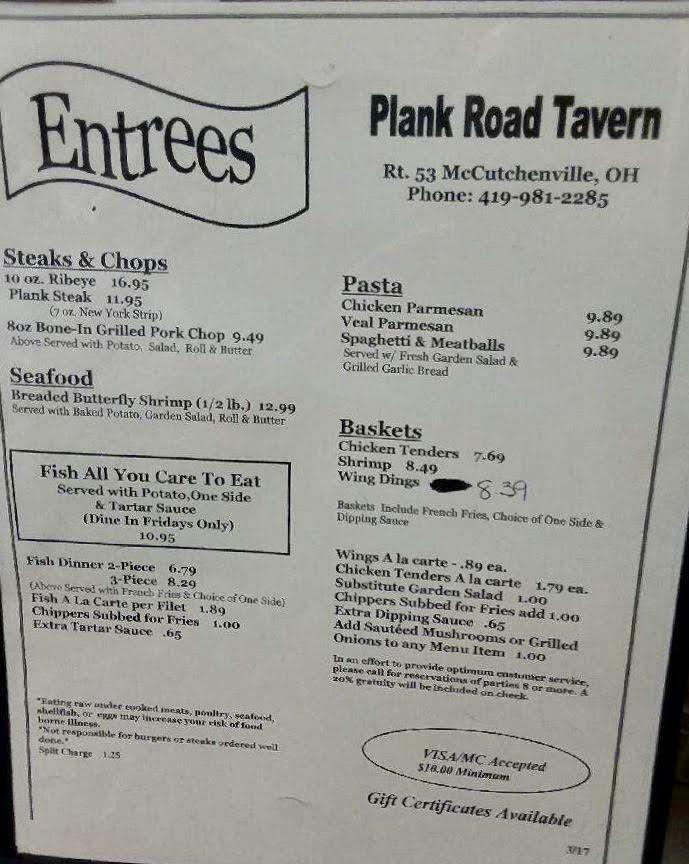 Menu at Plank Road Tavern pub & bar, McCutchenville