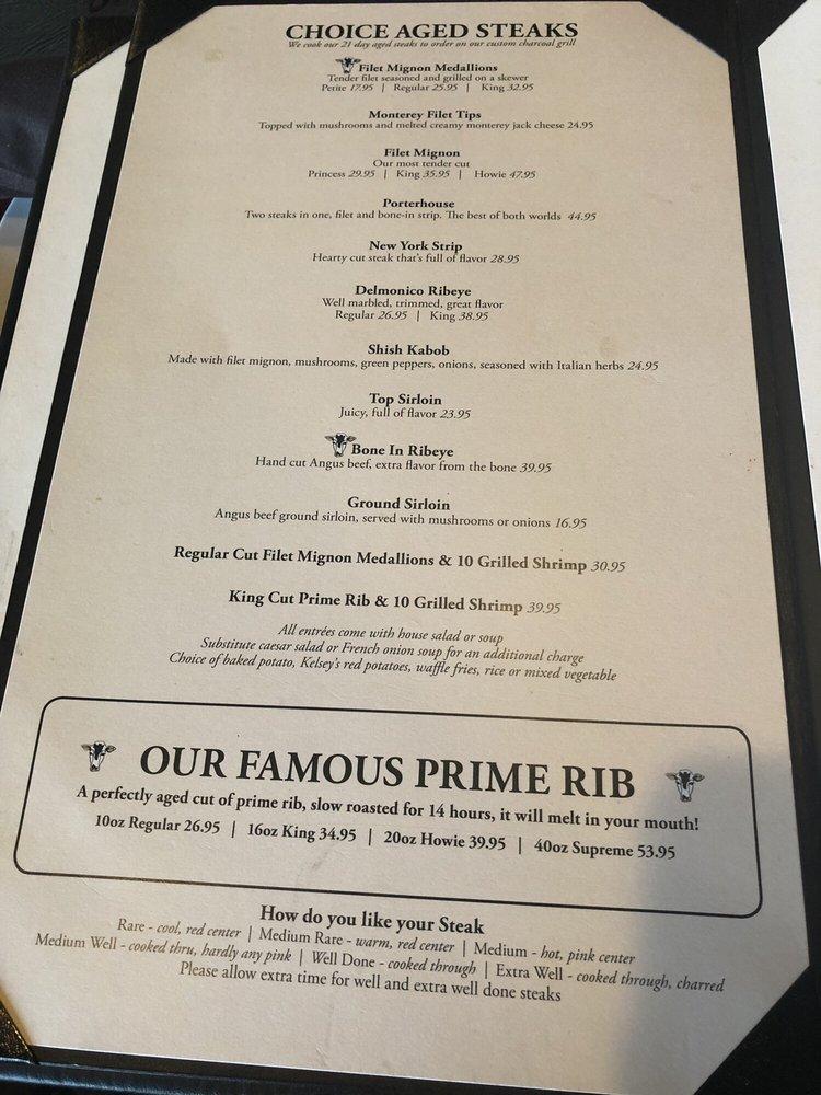 Menu at Kelsey's Steak & Seafood steakhouse, Valparaiso