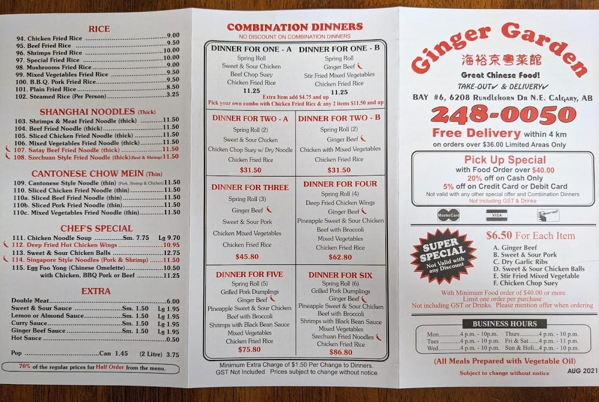 Menu at Ginger Garden restaurant, Calgary, Rundlehorn Dr NE 6