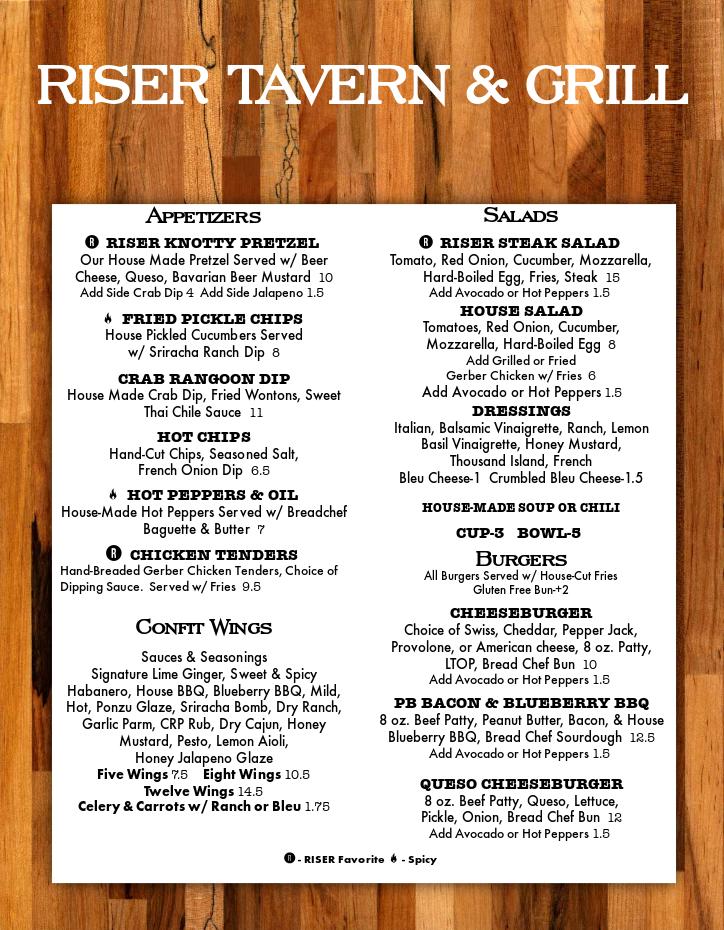 Menu at Riser Tavern & Grill pub & bar, Boardman