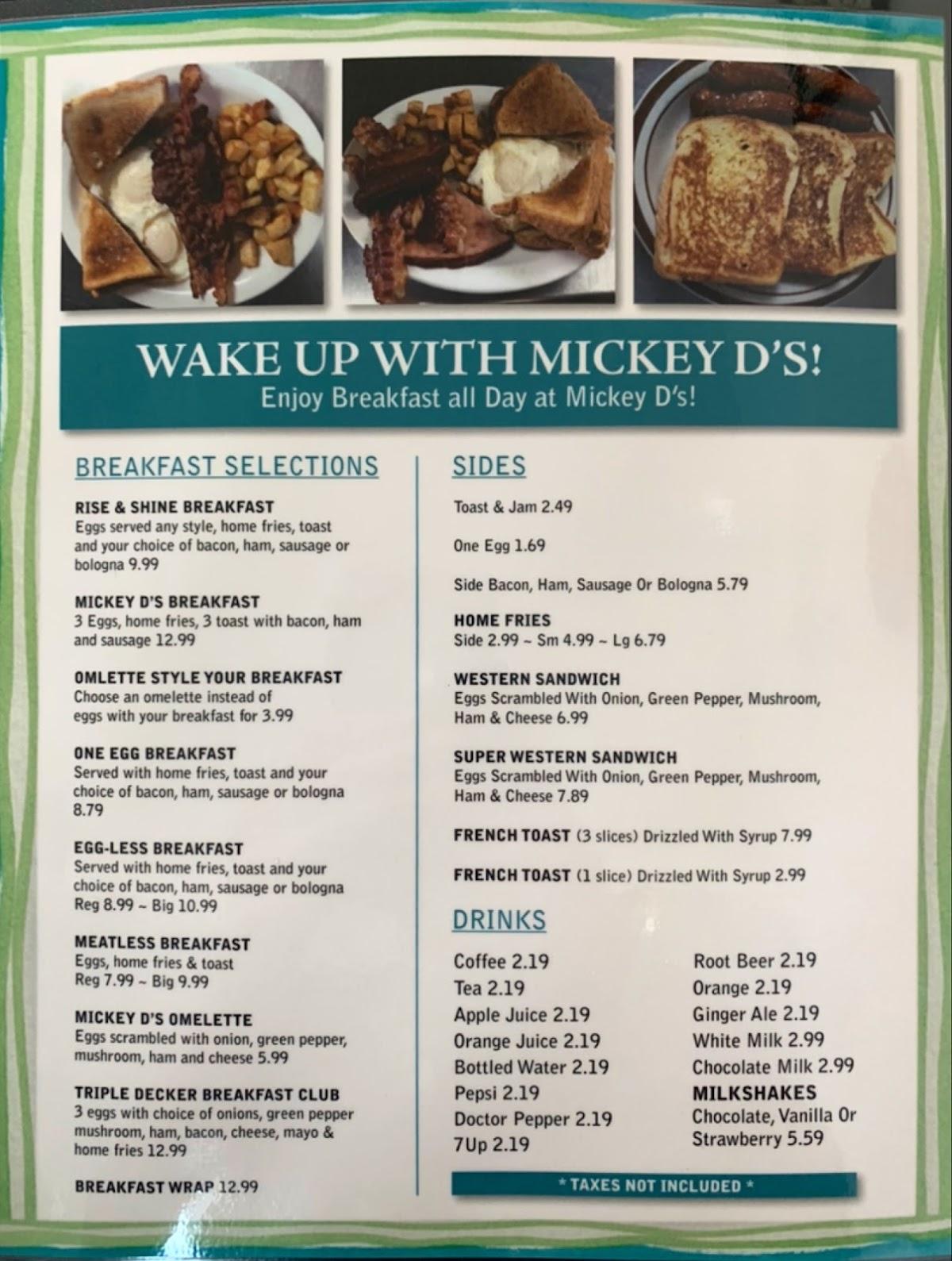 Menu at Mickey D's restaurant, New Waterford