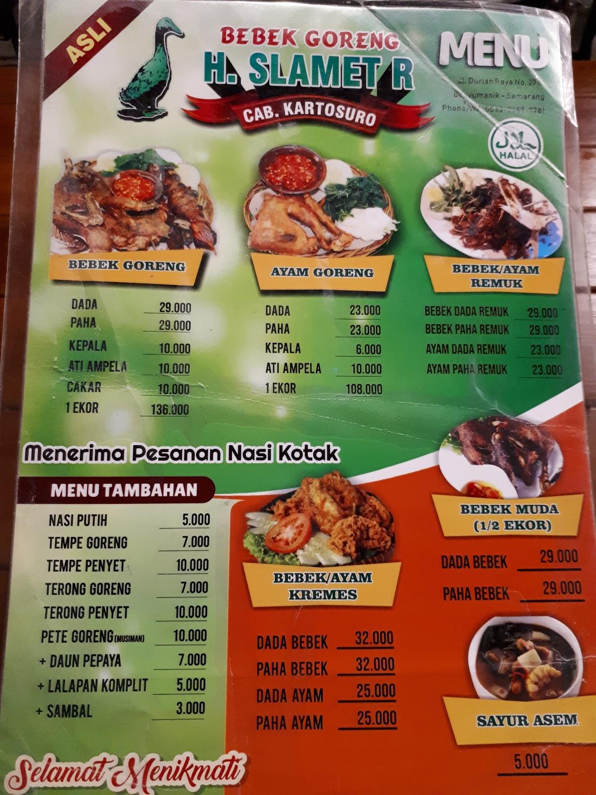 Menu At Bebek Goreng H Slamet Banyumanik Restaurant Semarang Jl