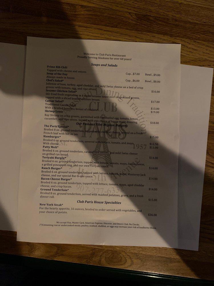Menu at Club Paris, Anchorage, 417 W 5th Ave