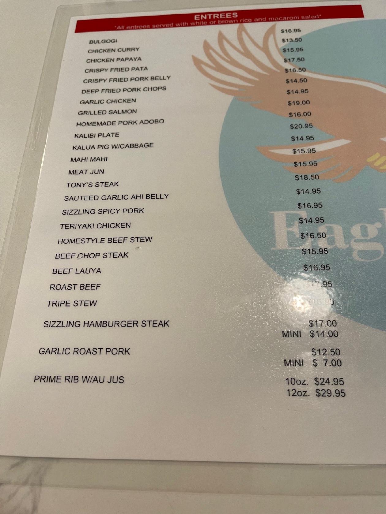 Menu at Eagle Cafe, Honolulu