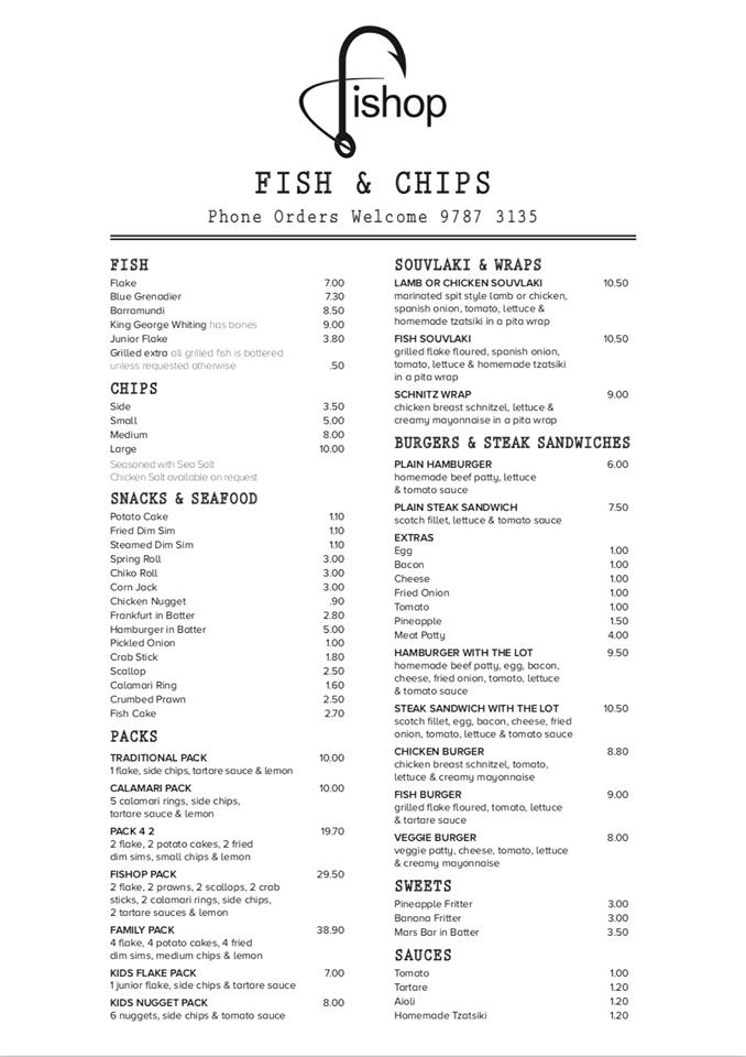 Menu at Mt Eliza restaurant, Mount Eliza
