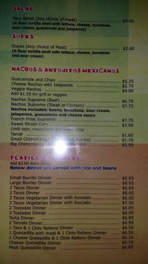 Menu at Javi's Burritos restaurant, Glen Ellyn