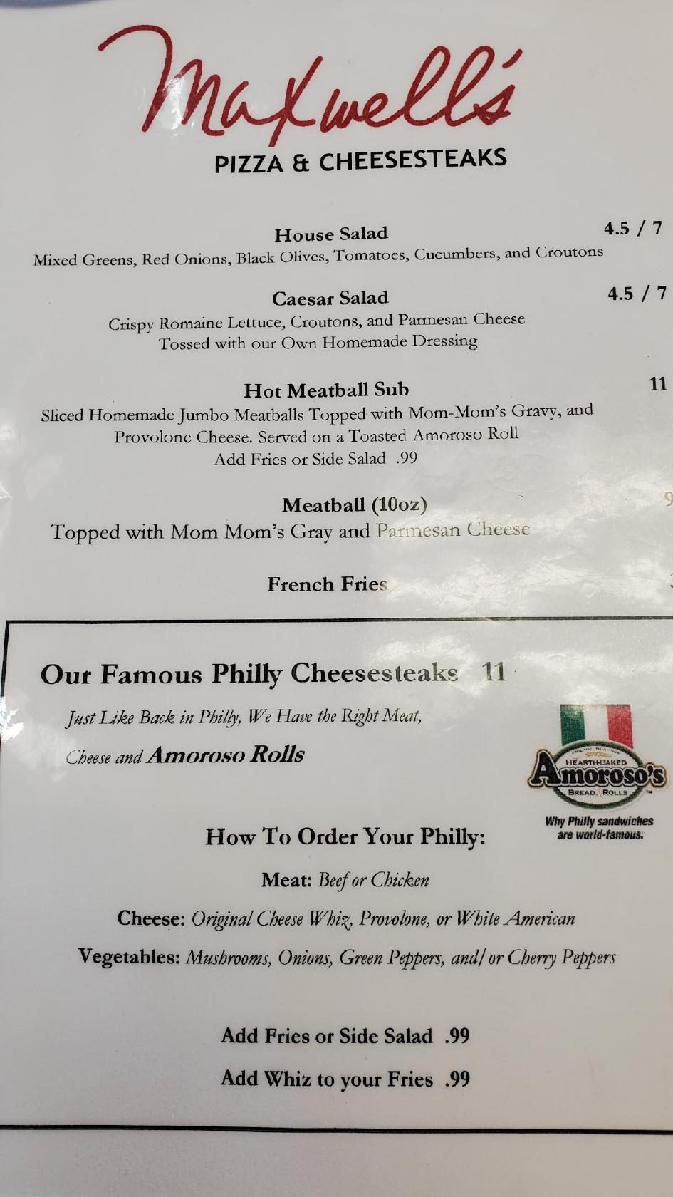 Menu at Maxwell's Pizza and Cheesesteaks pizzeria, South Jordan