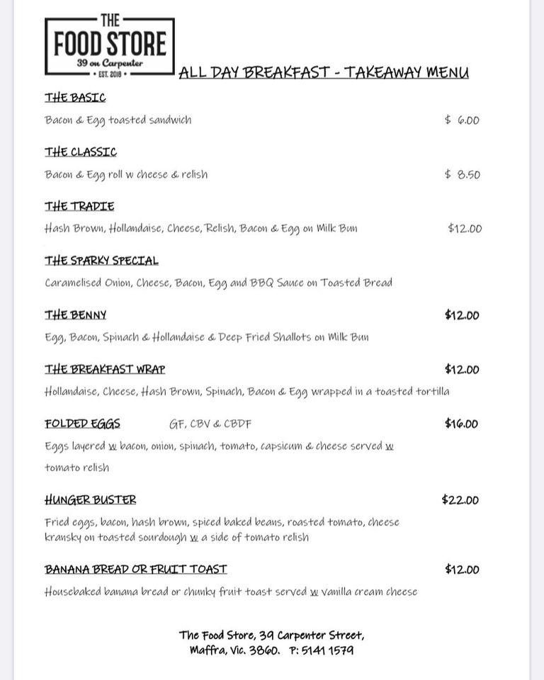 Menu at The Food Store cafe, Maffra