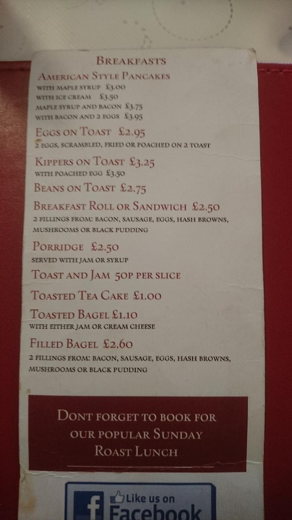 Menu at The Cozy Diner cafe, Pembroke Dock