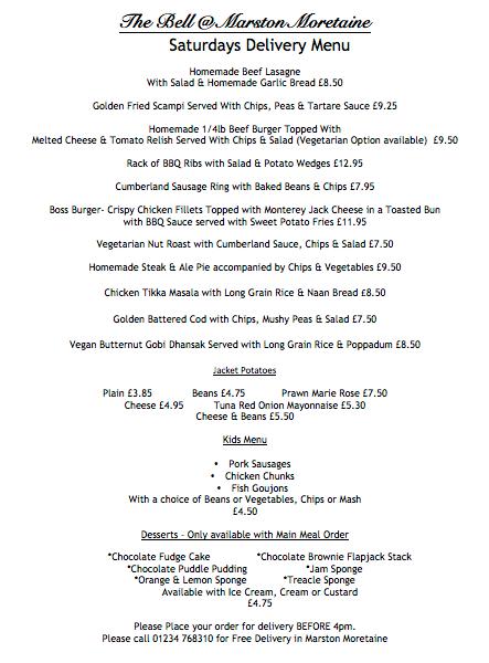 Menu at The Bell pub & bar, Marston Moretaine