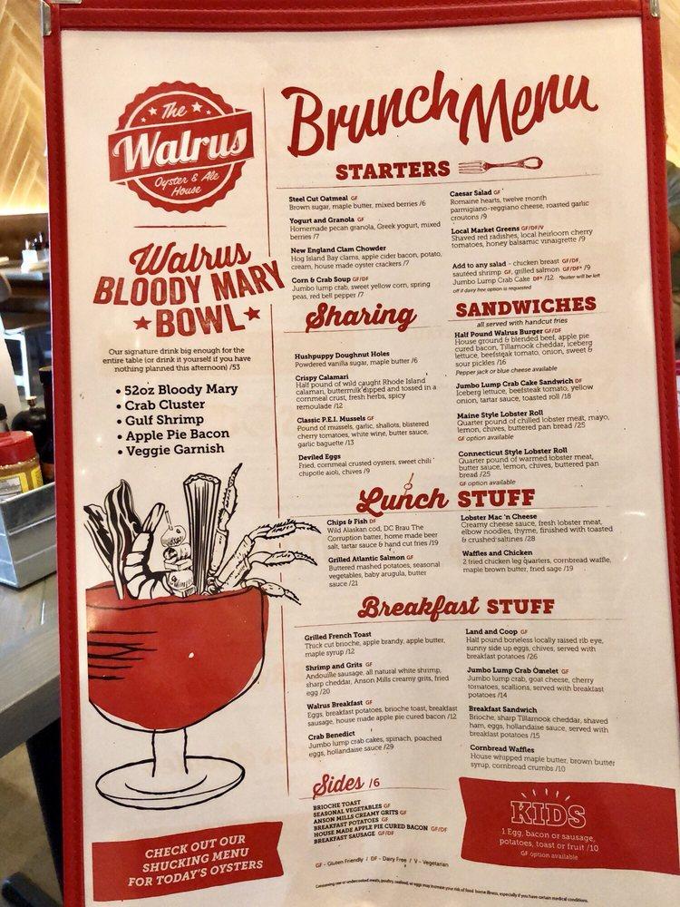 Menu at The Walrus Oyster & Ale House pub & bar, Columbia