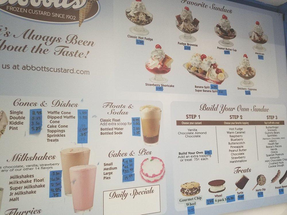 Menu at Abbott's Frozen Custard, Fairport, Fairport Rd