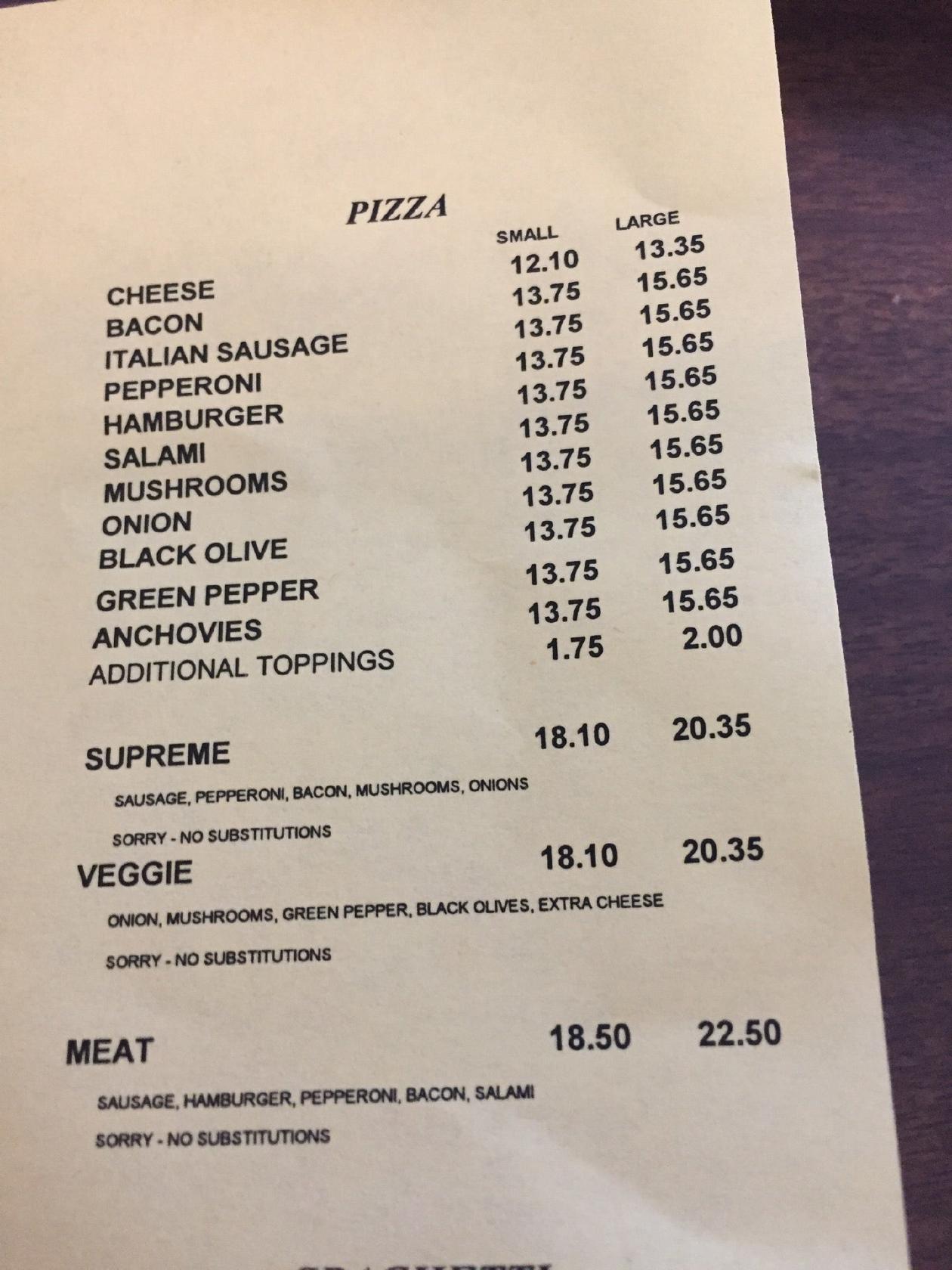 Menu at Angelo's Pizzeria, Black Jack