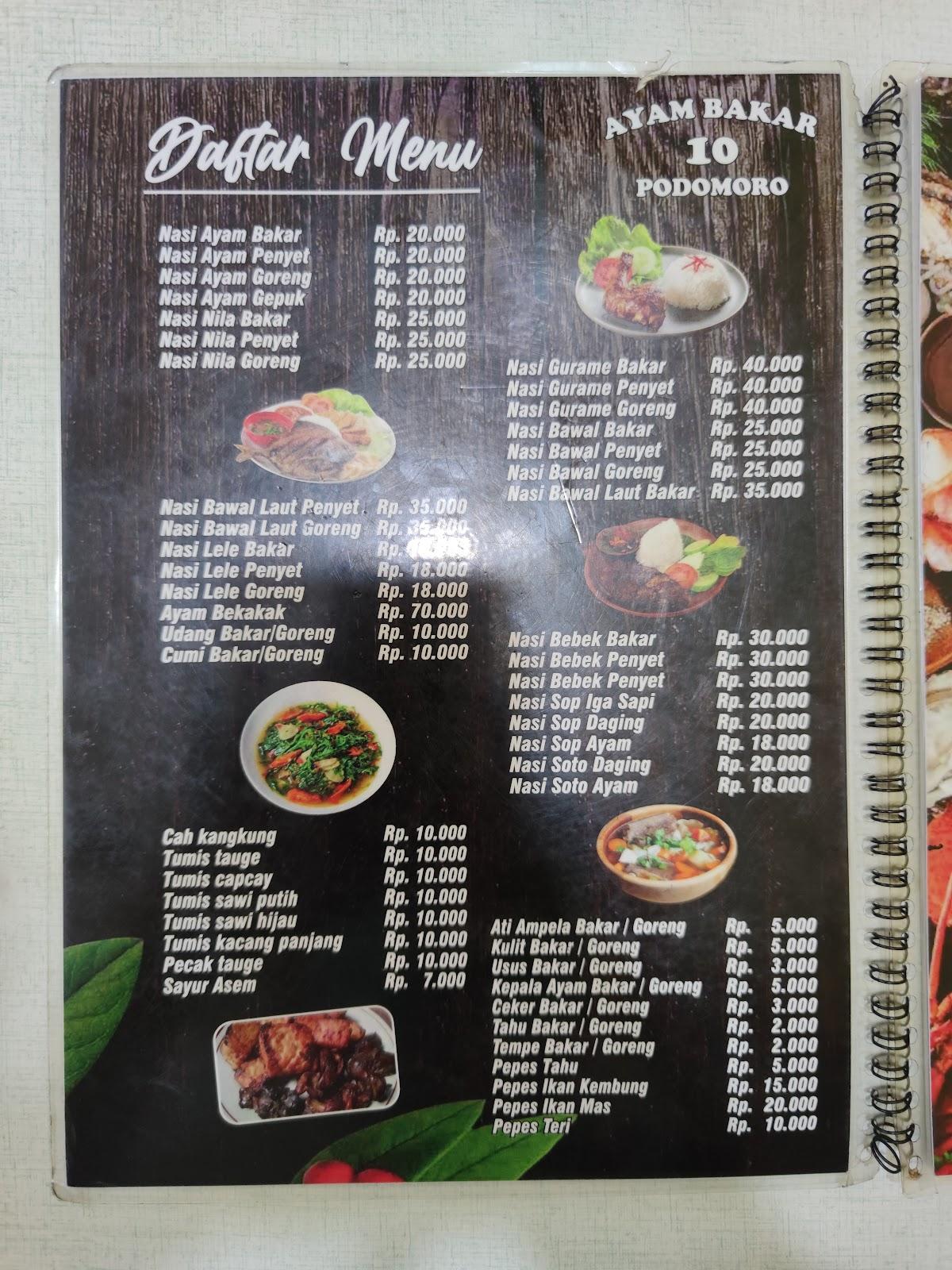 Menu at Ayam Bakar Podomoro 10 restaurant, East Jakarta